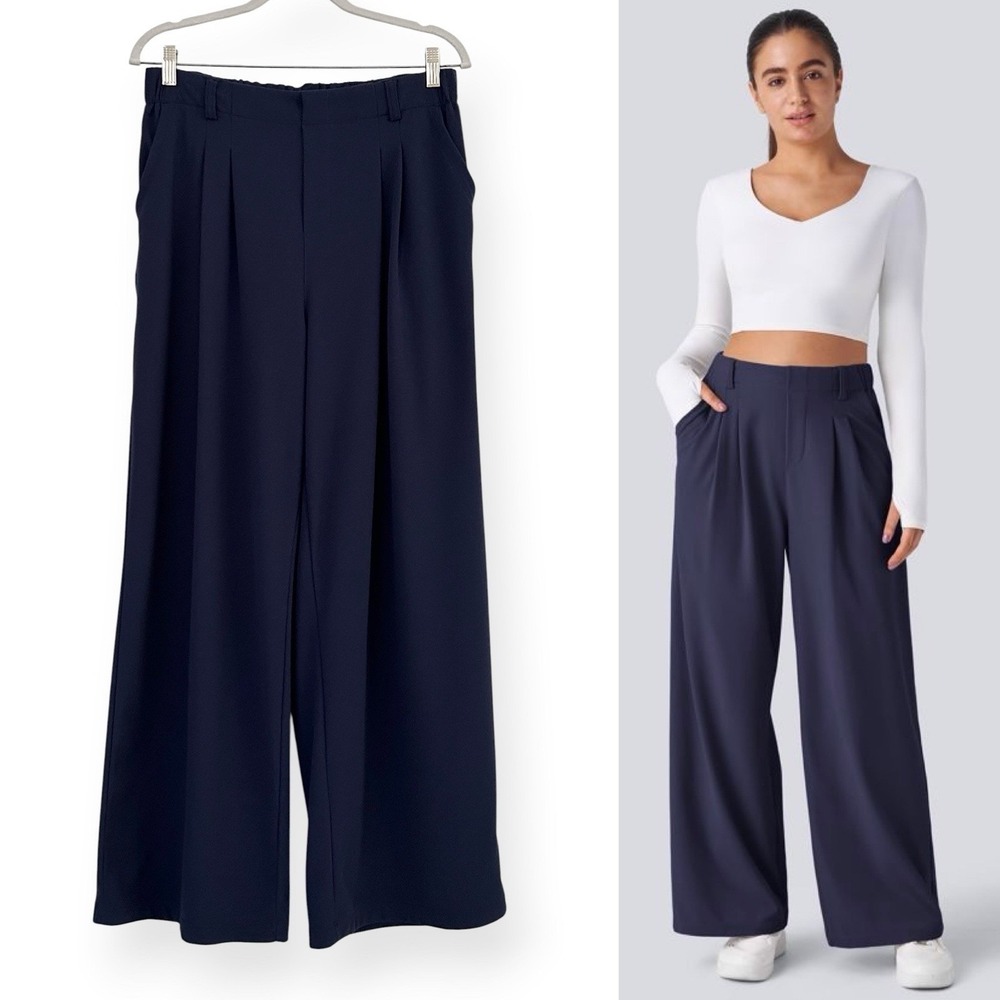 Halara Flex Women's Large Blue High Waisted Pleated Wide Leg Waffle Pants NWT